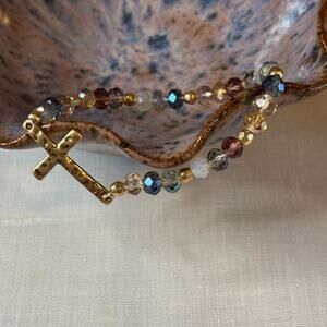 Beaded Bracelet Faceted Glass Blue Amber Mix Gold-Tone Cross Accent Stacking NWT